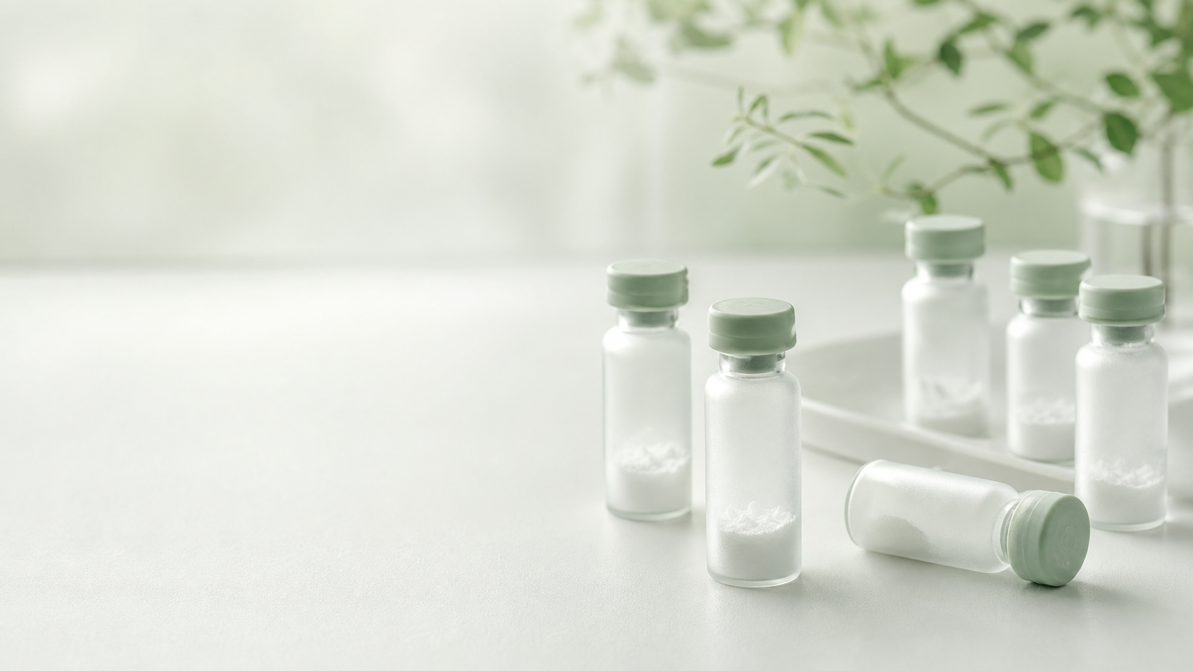 Frosted peptide vials arranged on a pale laboratory surface